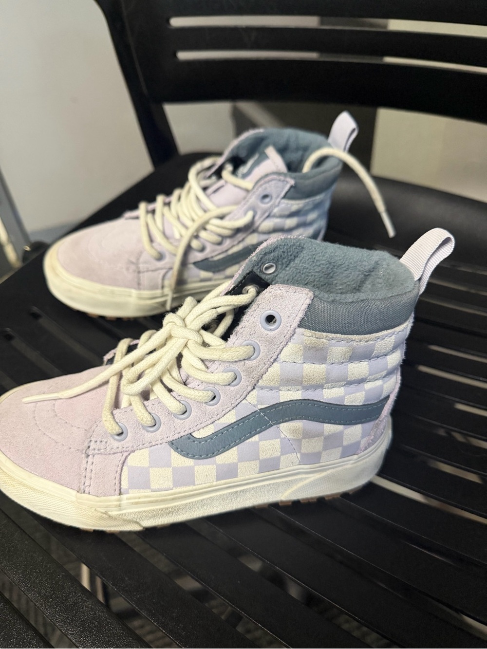 Vans Kids High-Top Checkerboard Sneakers in Lavender and Light Blue